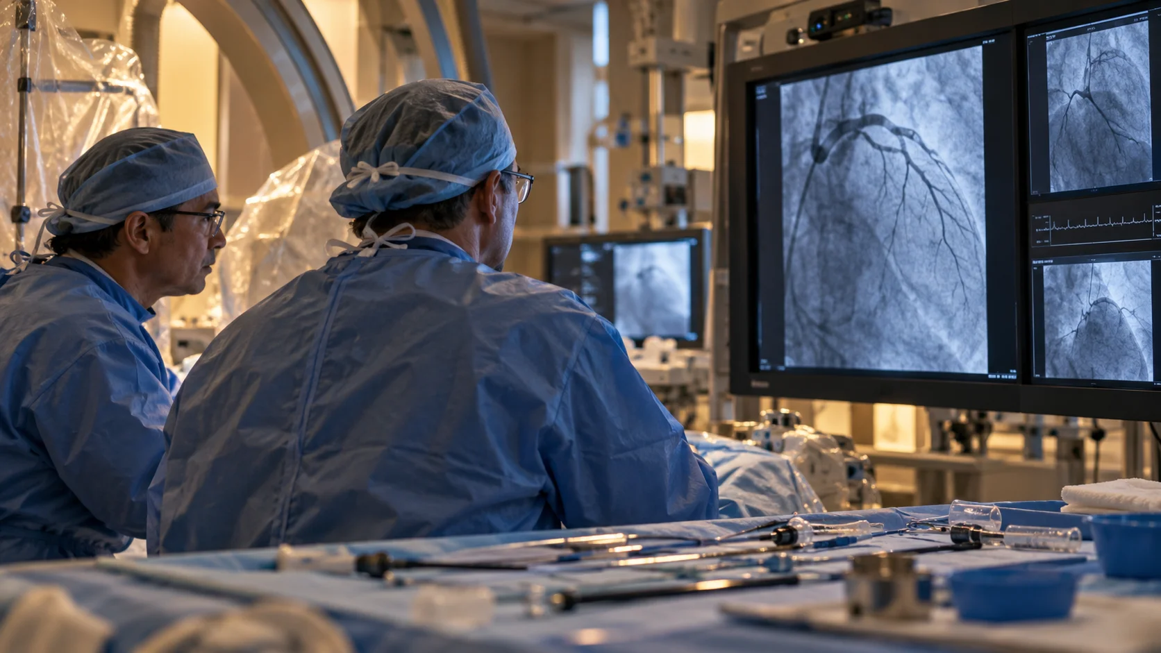 Illustrative reconstruction of physicians studying coronary angiography in a cardiac research laboratory